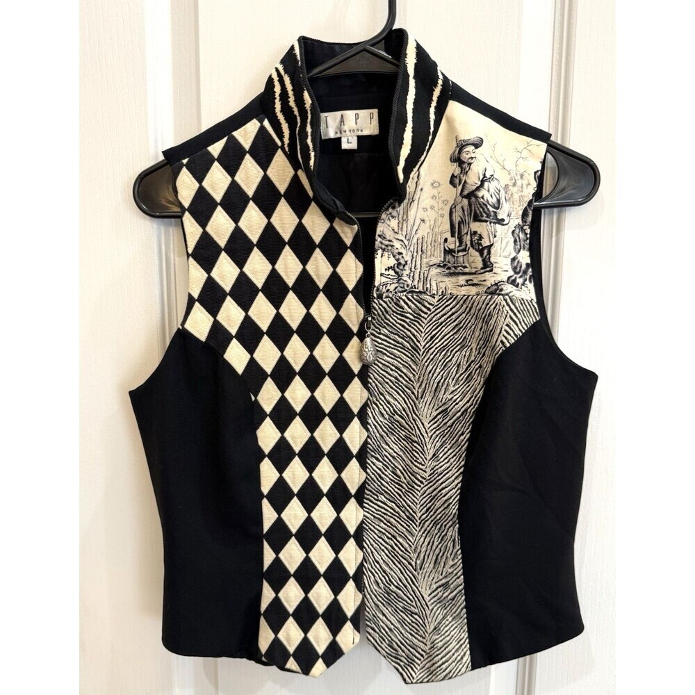 Vtg TAPP New York Vest Italian Cotton Hand Tailored Black Funky Sz L Animal 80's